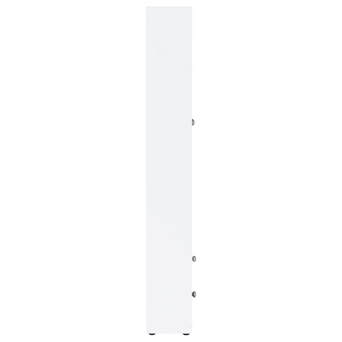 White Hawthorne 4-shelf glass door tall cabinet with drawers, showcasing modern furniture design by CoasterEveryday.