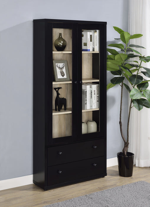 Black Hawthorne 4-shelf glass door cabinet with drawers, showcasing sleek modern furniture design and clear glass shelving.