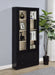 Black Hawthorne 4-shelf glass door cabinet with drawers, showcasing sleek modern furniture design and clear glass shelving.