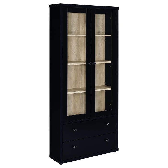 Black Hawthorne 4-shelf glass door cabinet with drawers by CoasterEveryday, showcasing modern furniture design with clear glass doors.