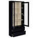 Black Hawthorne 4-shelf glass door cabinet with drawers, modern furniture piece by CoasterEveryday, showcasing shelves and sleek design.
