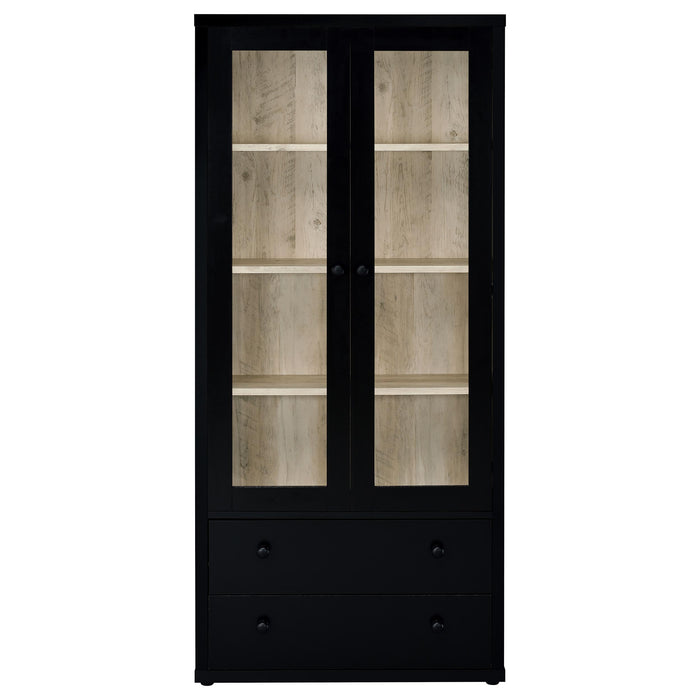 Black Hawthorne 4-shelf glass door cabinet with drawers, showcasing modern furniture design and storage options.