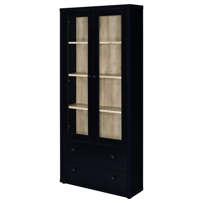 Black Hawthorne 4-shelf glass door cabinet with drawers by CoasterEveryday, showcasing its sleek furniture design and storage space.