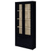 Black Hawthorne 4-shelf glass door cabinet with drawers by CoasterEveryday, showcasing its sleek furniture design and storage space.