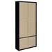 Black Hawthorne 4-shelf glass door cabinet with drawers, modern furniture by CoasterEveryday, showcasing clear glass doors and storage space.