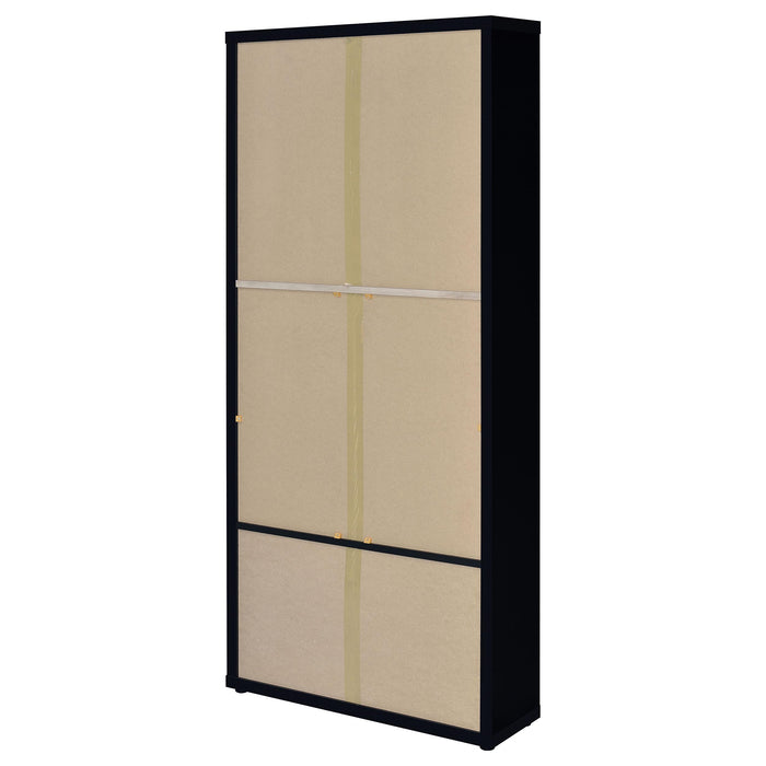 Black Hawthorne 4-shelf glass door cabinet with drawers by CoasterEveryday, showcasing modern furniture design.