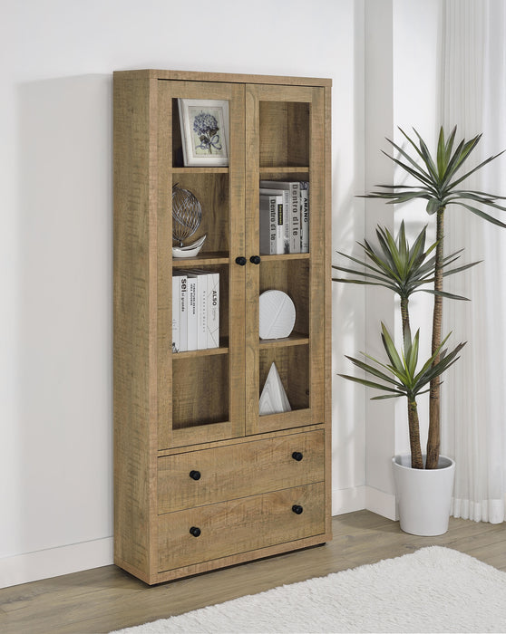 CoasterEveryday Hawthorne 4-shelf glass door tall cabinet with drawers in mango finish, showcasing ample storage and modern design.