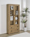 CoasterEveryday Hawthorne 4-shelf glass door tall cabinet with drawers in mango finish, showcasing ample storage and modern design.