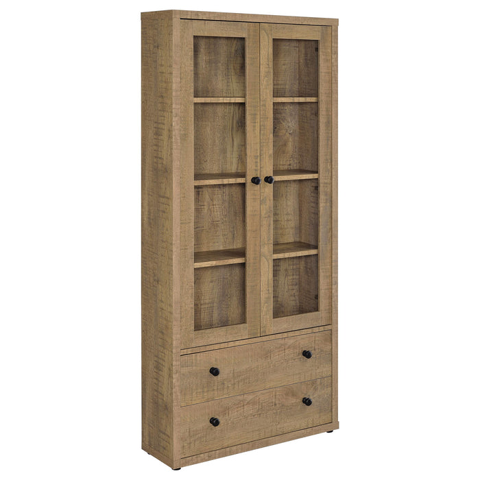 Hawthorne 4-shelf glass door tall cabinet with drawers in mango finish, showcasing furniture with glass doors and storage compartments.