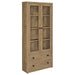 Hawthorne 4-shelf glass door tall cabinet with drawers in mango finish, showcasing furniture with glass doors and storage compartments.