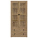 CoasterEveryday Hawthorne 4-shelf glass door tall cabinet with drawers in mango finish, showcasing clear glass doors and storage shelves.