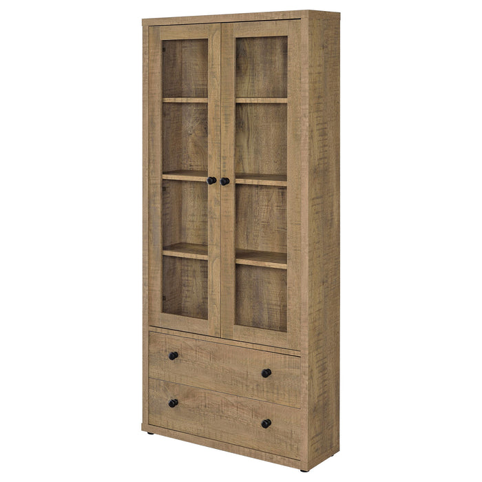 CoasterEveryday Hawthorne 4-shelf glass door tall cabinet with drawers in mango finish, featuring clear glass doors and storage shelves.