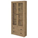CoasterEveryday Hawthorne 4-shelf glass door tall cabinet with drawers in mango finish, featuring clear glass doors and storage shelves.