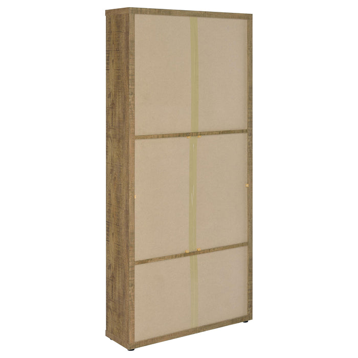 CoasterEveryday Hawthorne 4-shelf glass door tall cabinet with drawers in mango finish, showcasing clear glass doors and spacious storage