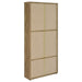 CoasterEveryday Hawthorne 4-shelf glass door tall cabinet with drawers in mango finish, showcasing clear glass doors and spacious storage