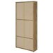 CoasterEveryday Hawthorne 4-shelf glass door tall cabinet with drawers in mango finish, showcasing its sleek wooden furniture design.