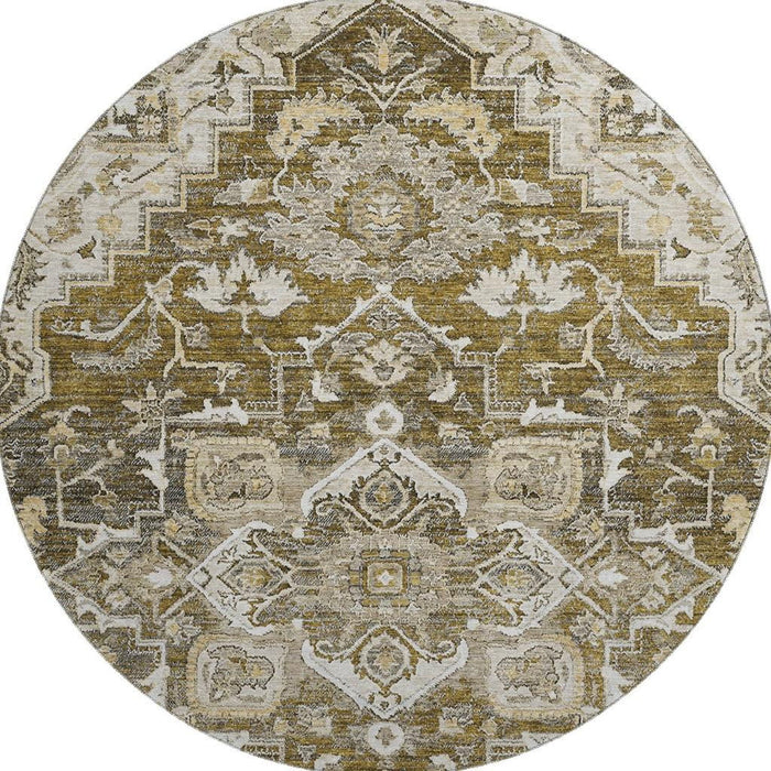 8' Floral Medallion Washable Round Rug With UV Protection - Brown