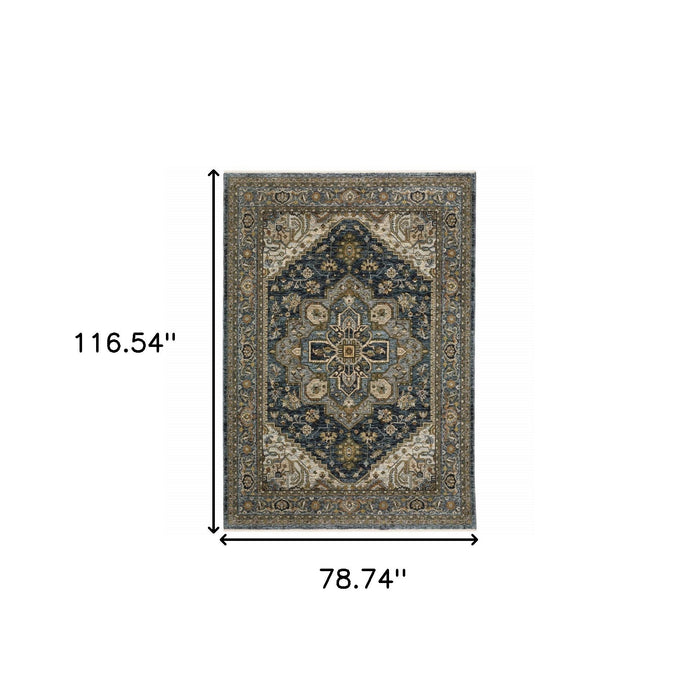 7' x 10' Oriental Power Loom Area Rug With Fringe - Blue And Green
