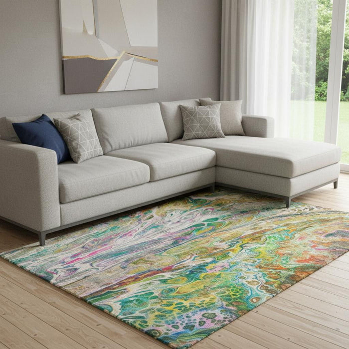 9' X 12' Abstract Washable Area Rug With UV Protection (650937) - Green / Gold / Teal