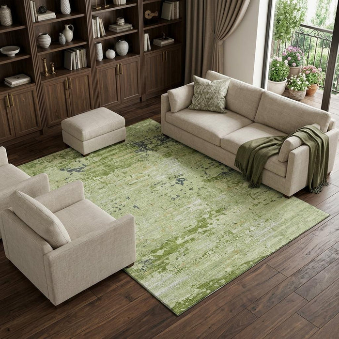10' X 14' Abstract Washable Area Rug With UV Protection (693420) - Artichoke Green / Ivory / Charcoal
