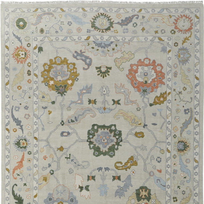 9' x 13' Wool Floral Hand Knotted Area Rug With Fringe - Gray Ivory And Gold