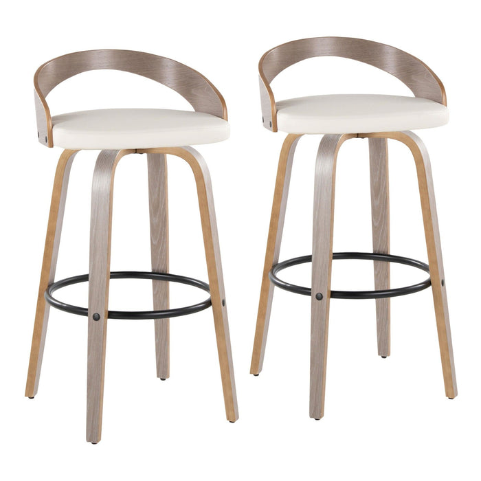Grotto - Fixed-Height Barstool (Set of 2) - Light Gray Wood, Black Metal, White Faux Leather