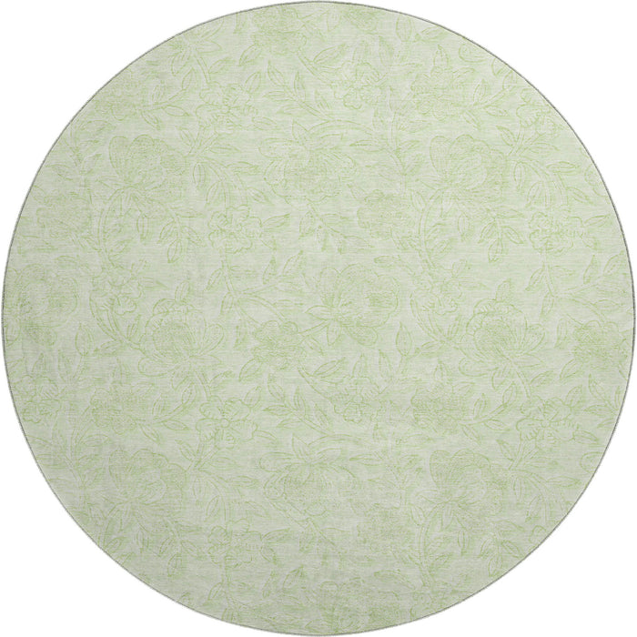 8' Floral Washable Round Rug With UV Protection - Artichoke Green And Ivory