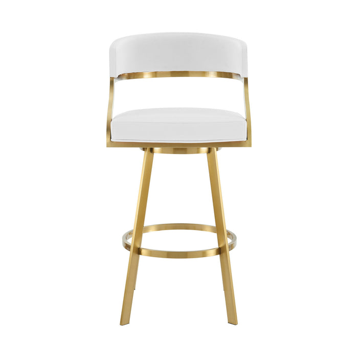 30" Faux Leather And Stainless Steel Low Back Bar Height Swivel Bar Chair - White / Gold
