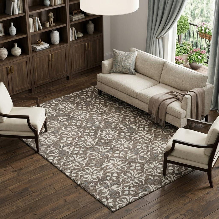 10' X 14' Floral Washable Area Rug With UV Protection (673915) - Brown / Ivory