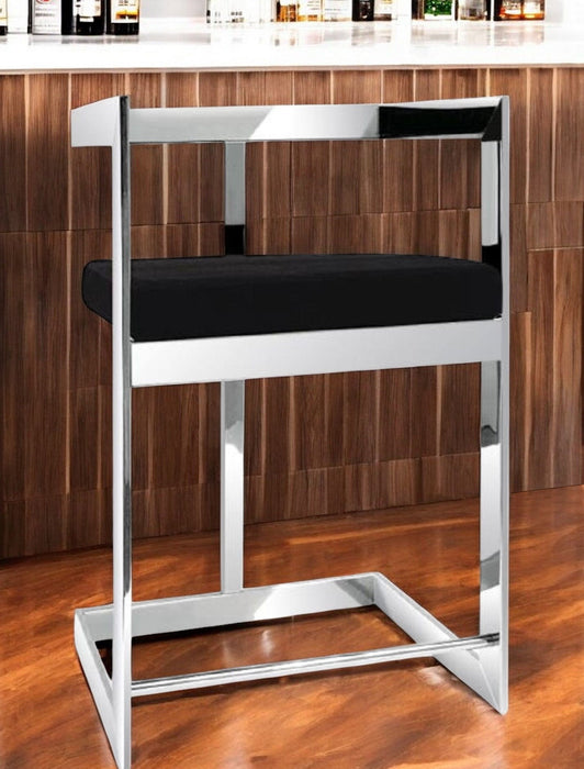 Velvet And Stainless Steel Low Back Bar Height Bar Chair - Black And Silver