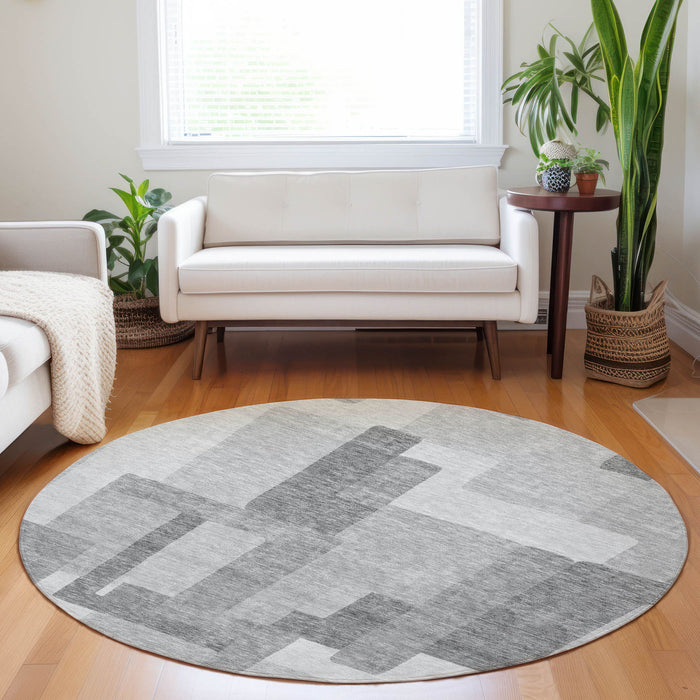 8' Abstract Geometric Washable Round Rug With UV Protection - Silver And Gray