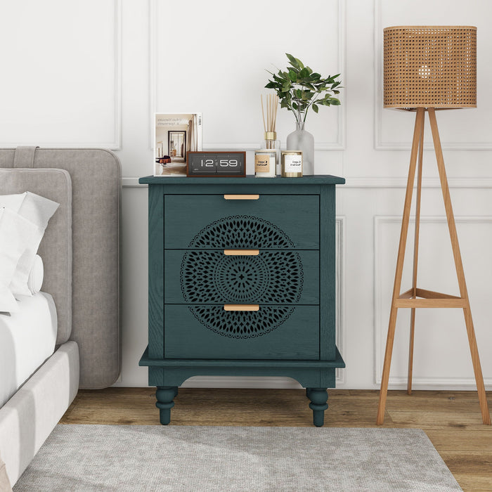Blackish green Giga accent chest with hollow carved design, three drawers, and metal handles, ideal for living room or bedroom storage.