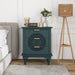 Blackish green Giga accent chest with hollow carved design, three drawers, and metal handles, ideal for living room or bedroom storage.