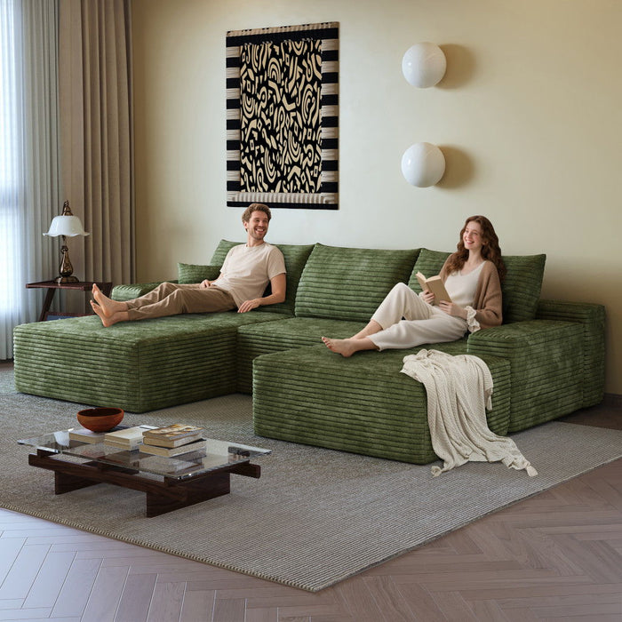 107" 2 Piece Living Room Set Corduroy Modular Compression Foam Sofa With Ottoman Toss Pillows - Green