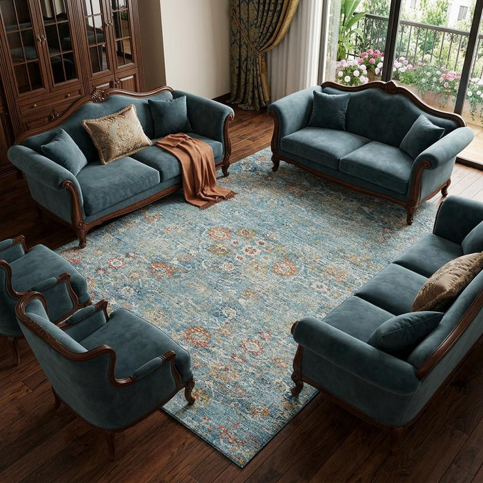 8' X 10' Floral Medallion Distressed Washable Area Rug With UV Protection (644214) - Blue / Orange / Gold