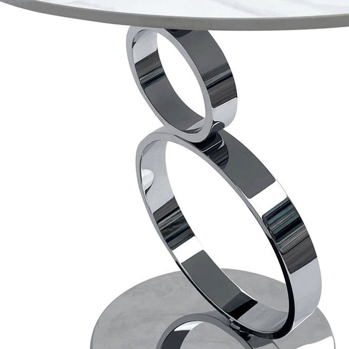21" Stone And Stainless Steel Round Pedestal End Table - Silver And White