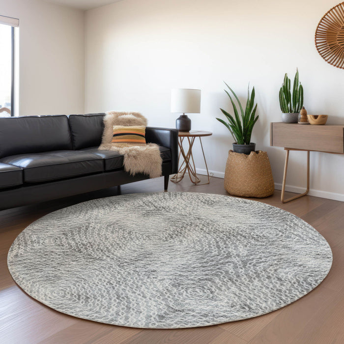 8' Geometric Washable Round Rug With UV Protection - Ash Gray And Charcoal