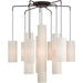 Nine-light metal chandelier with bronze finish and cream shades, dimmable HomeRoots chandelier for elegant lighting.