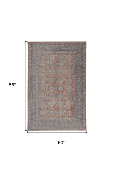 5' x 7' Oriental Power Loom Worn Faded Area Rug With Fringe - Blue And Red