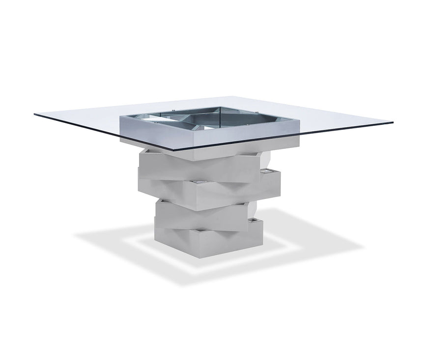 59" Square Glass And Solid Wood Pedestal Base Dining Table - Gray