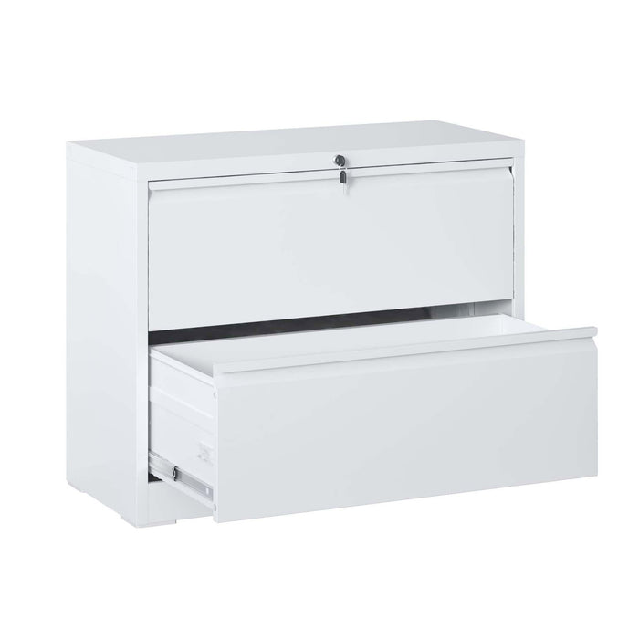 White Giga 2-drawer lateral file cabinet with locking mechanism, anti-tip interlock, ideal for letter, legal, and A4 files.