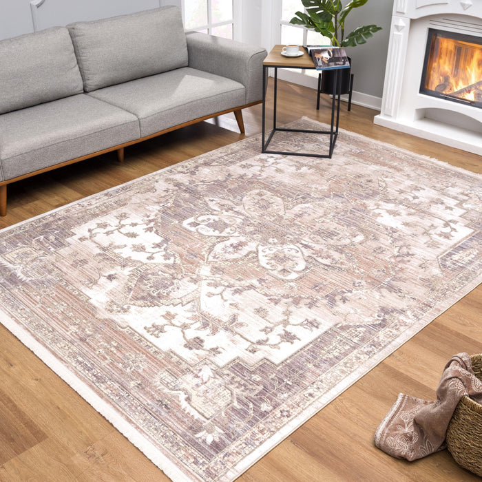 7' x 9' Medallion Power Loom Area Rug - Beige And Ivory