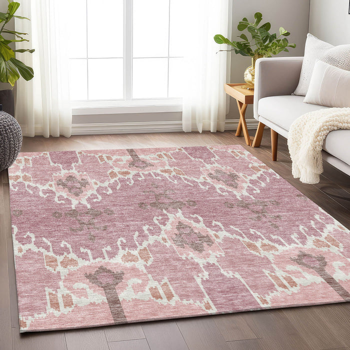 8' X 10' Ikat Washable Area Rug With UV Protection - Blush And Ivory