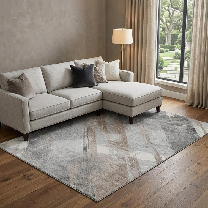 10' X 14' Striped Washable Area Rug With UV Protection (694309) - Taupe / Gray / Silver