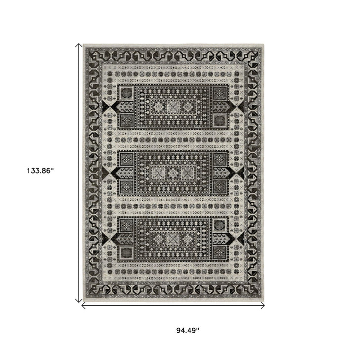 8' X 11' Oriental Area Rug With Fringe - Ivory And Charcoal