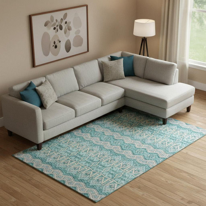 10' X 14' Moroccan Washable Area Rug With UV Protection (672302) - Teal / Beige / Ivory