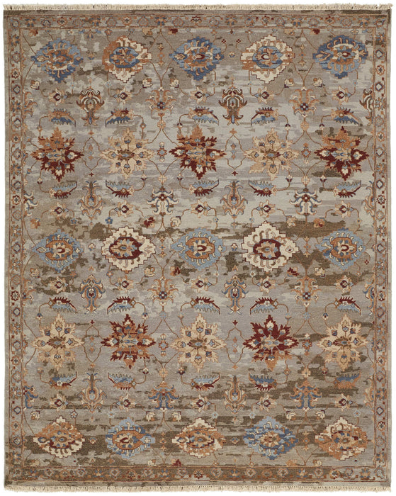 8' x 12' Wool Floral Hand Knotted Area Rug With Fringe - Tan Brown And Gray