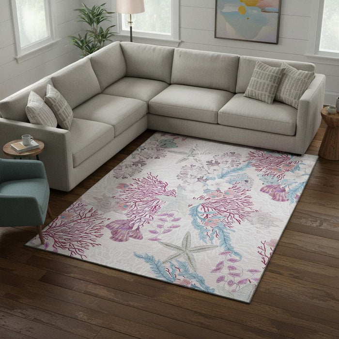 10' X 14' Geometric Washable Area Rug With UV Protection (645702) - Raspberry / Ivory / Blue