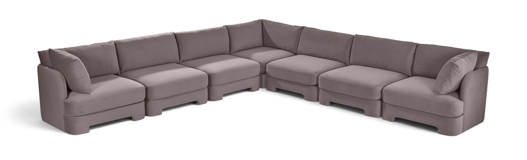 Velvet performance fabric upholstered 7-piece corner sectional sofa by Meridian Furniture, showcasing plush seating and modern design.