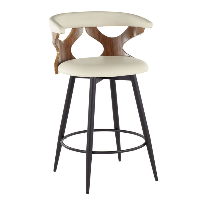 Gardenia - 25" Fixed-Height Counter Stool With Swivel And Rounded Black Metal Footrest (Set of 2) - Black Metal, Walnut Wood